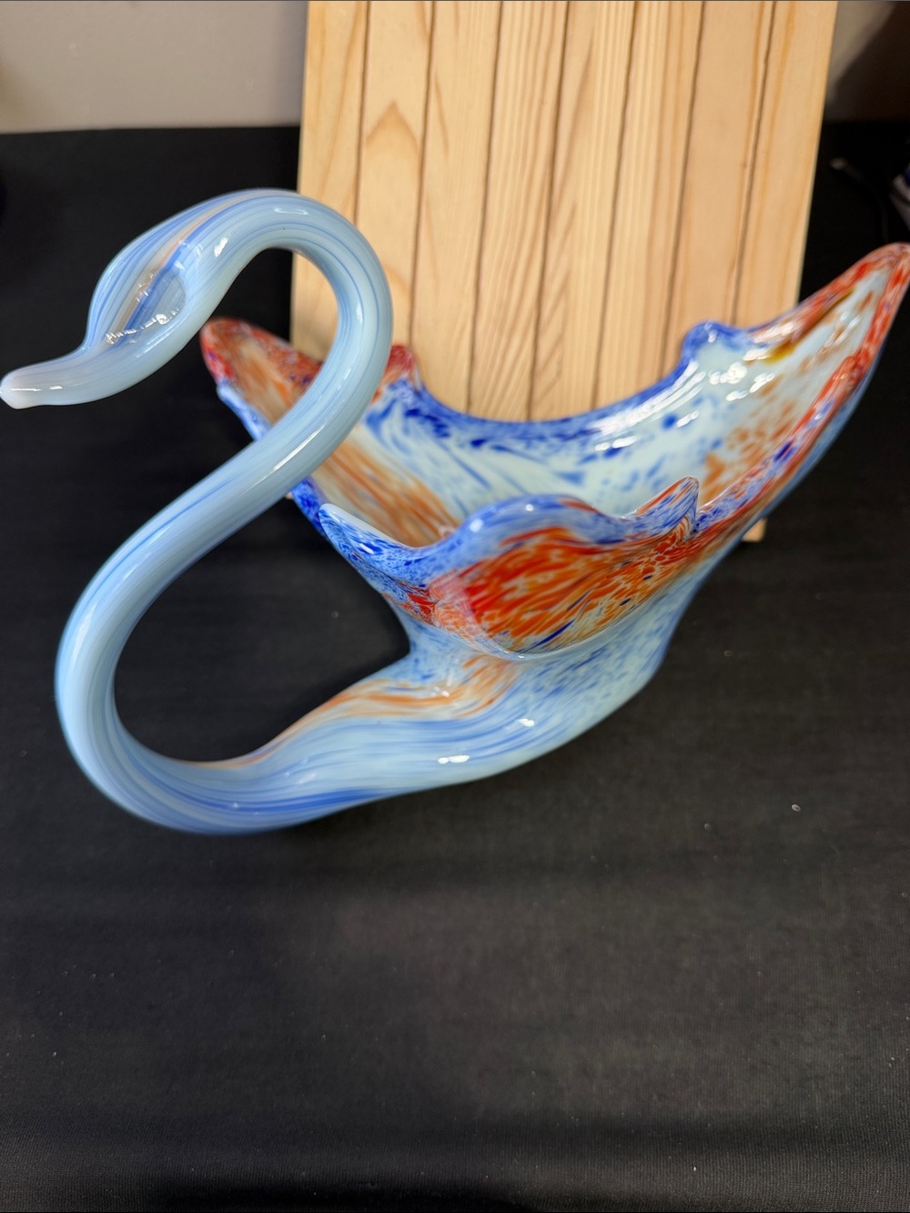 Handblown Swan Blue & Orange Glass Decorative Bowl